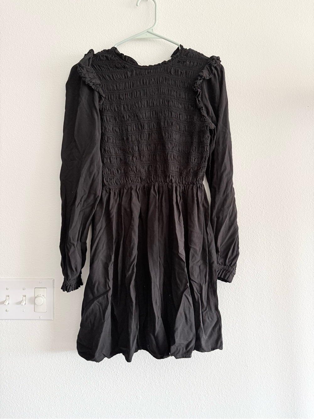 GAP Black Smocked Long-Sleeve Mini Dress